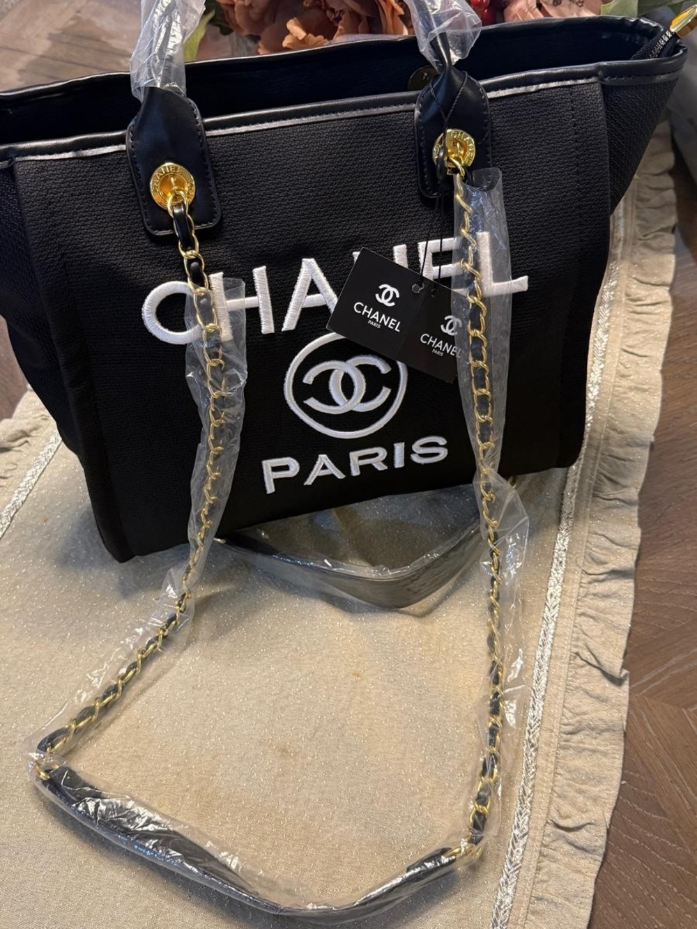 Black Canvas Tote with Gold Chain-Strap Accents